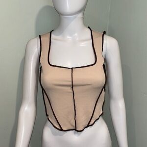 SHEIN Sleeveless Cream Ribbed Knit Corset Crop Top with Brown Trim - S